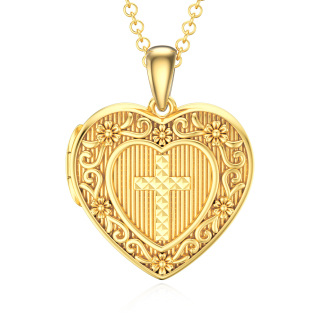 10K Gold Cross & Heart Personalized Photo Locket Necklace-35