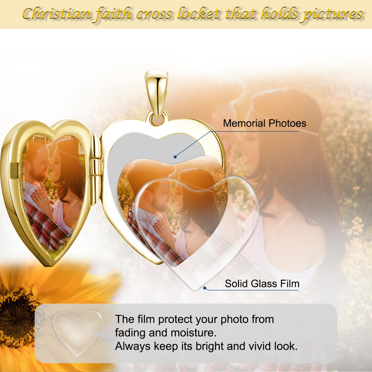 10K Gold Cross & Heart Personalized Photo Locket Necklace-5