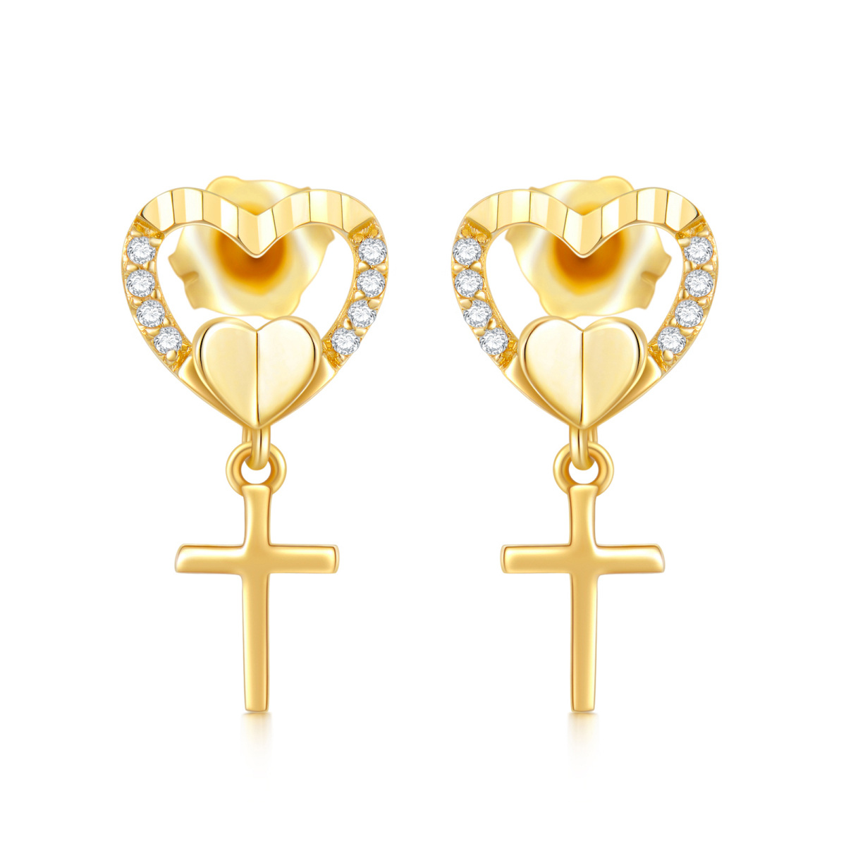 Boucles d'oreilles à tige en forme de cœur et croix en or 10 carats-1