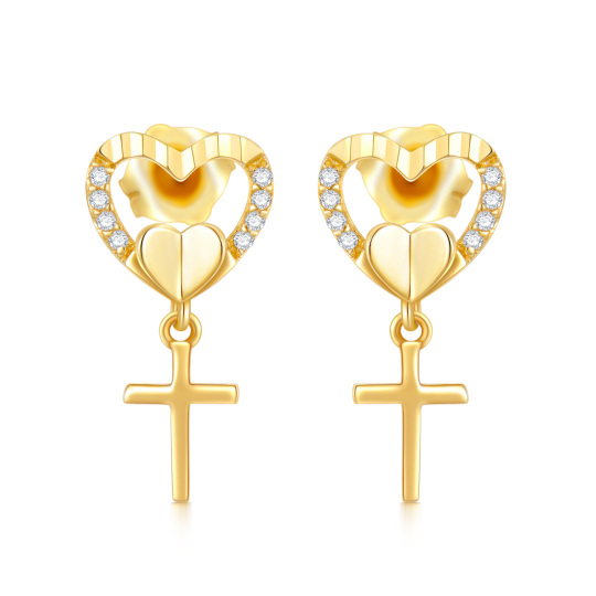 Boucles d'oreilles à tige en forme de cœur et croix en or 10 carats