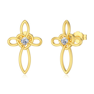 10K Gold Cubic Zirconia Cross Knot Stud Earrings-1