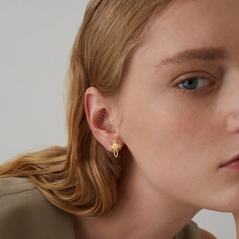 10K White Gold Cubic Zirconia Cross Knot Stud Earrings-2