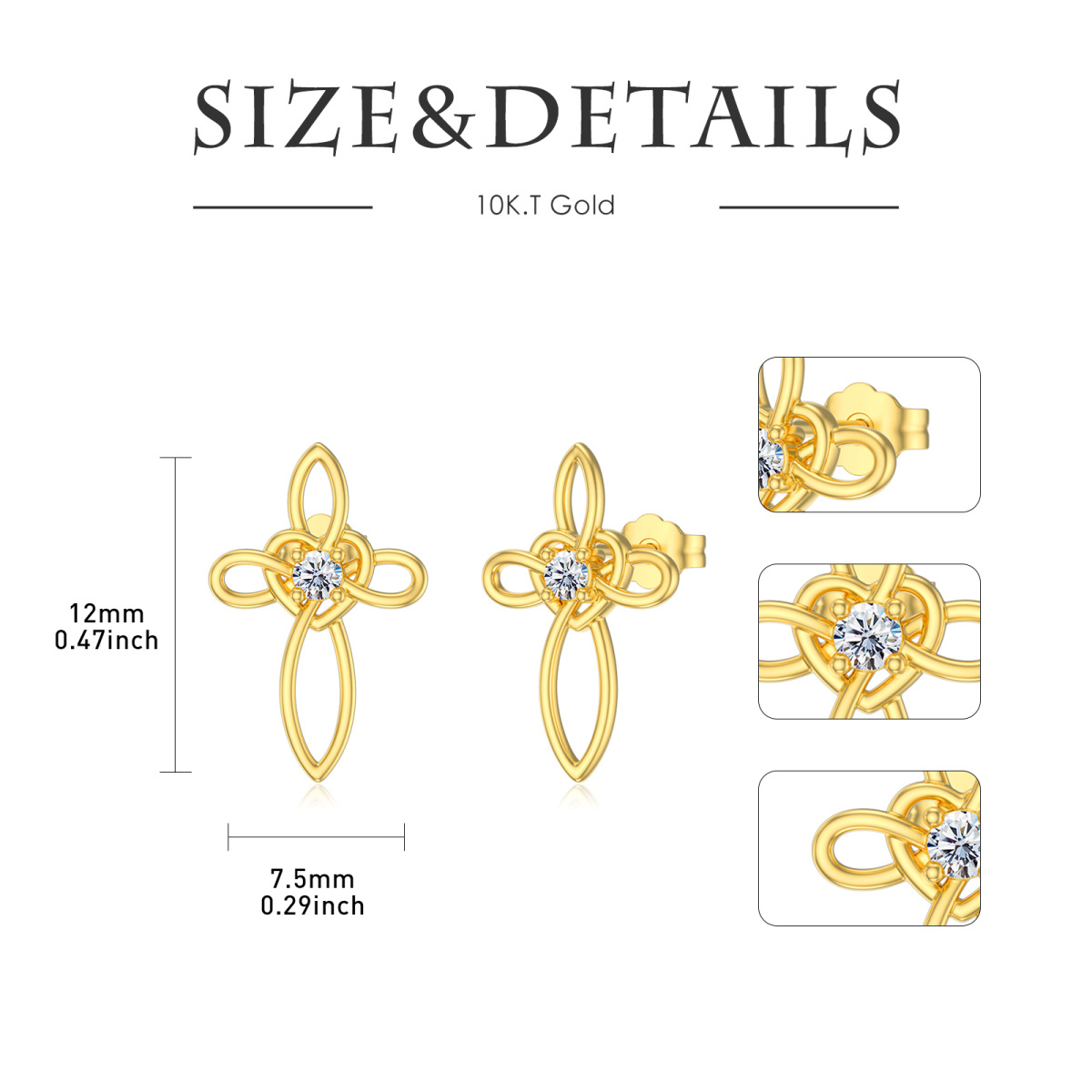 10K Gold Cubic Zirconia Cross Knot Stud Earrings-5