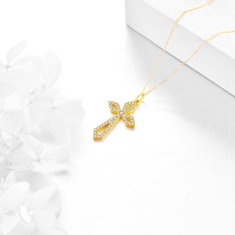 10K Gold Cubic Zirconia Cross Pendant Necklace-3