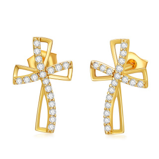 10K Gold Cubic Zirconia Cross Stud Earrings-41