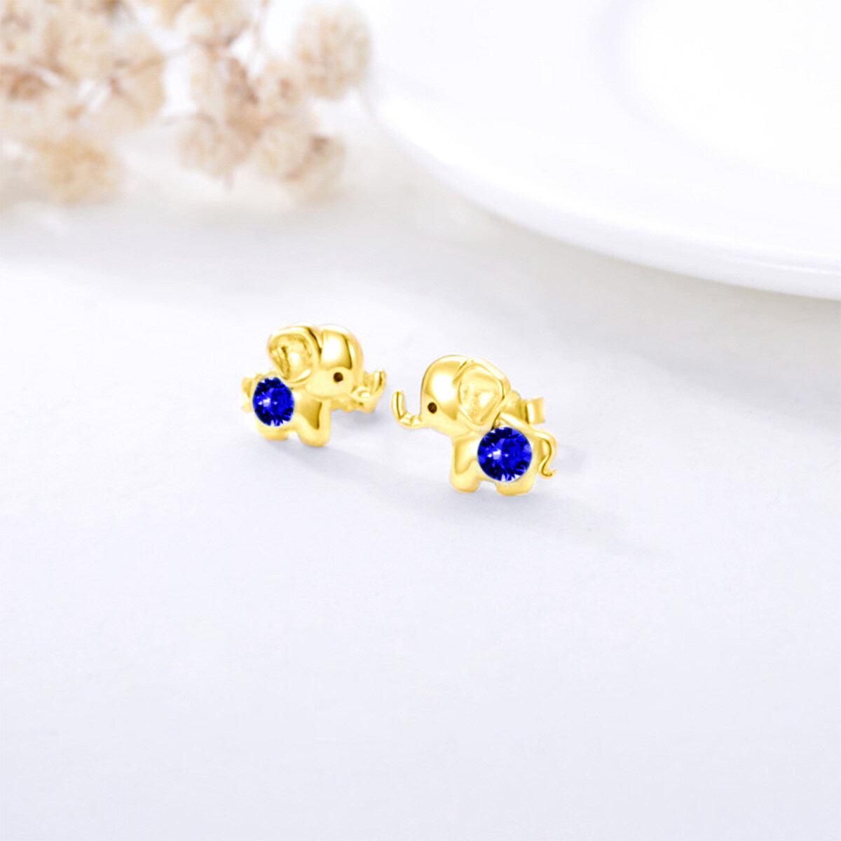 18K Gold Crystal Elephant Stud Earrings-3