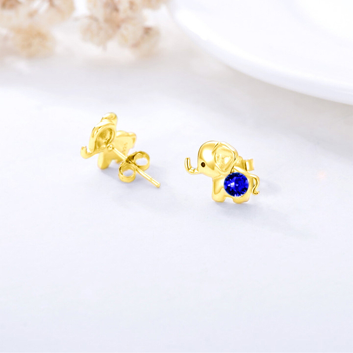 18K Gold Crystal Elephant Stud Earrings-4