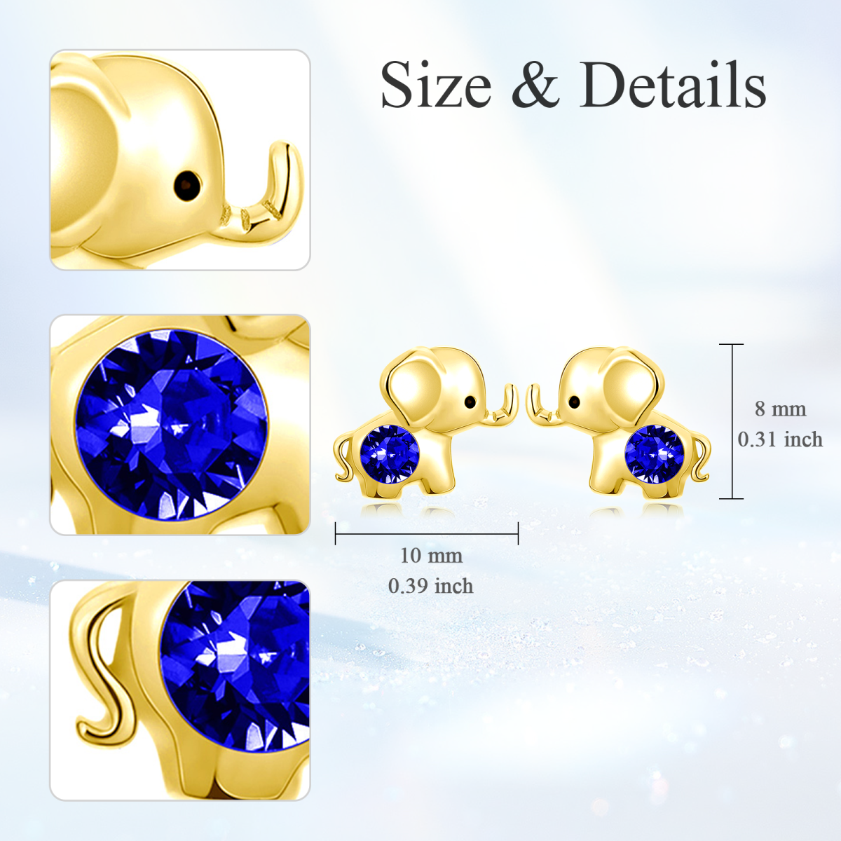 10K Gold Crystal Elephant Stud Earrings-5