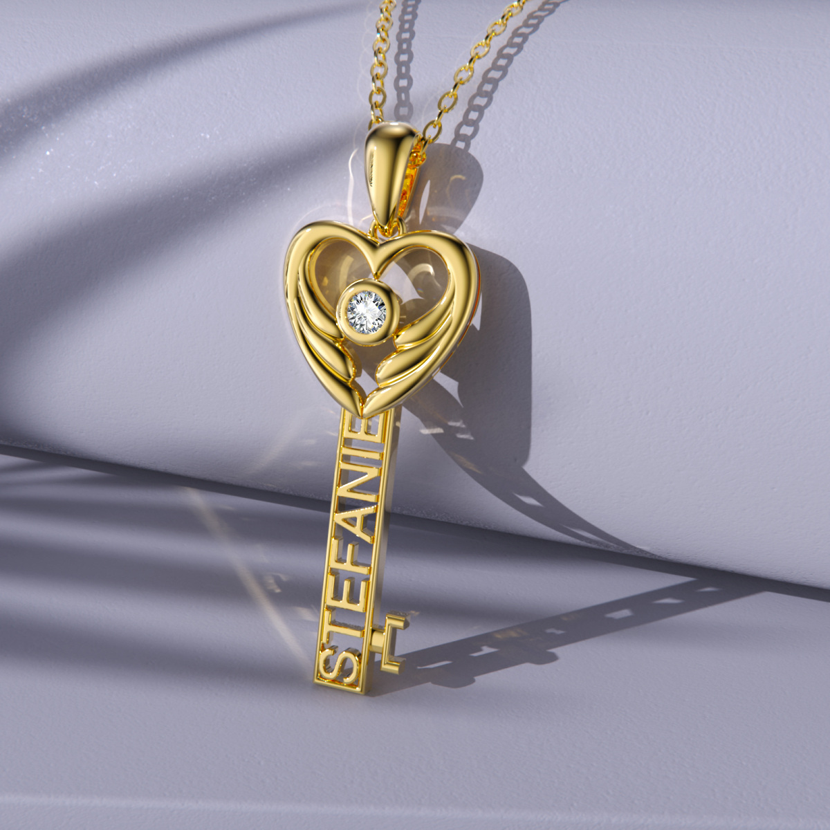 10K Gold Crystal Key Pendant Necklace-4