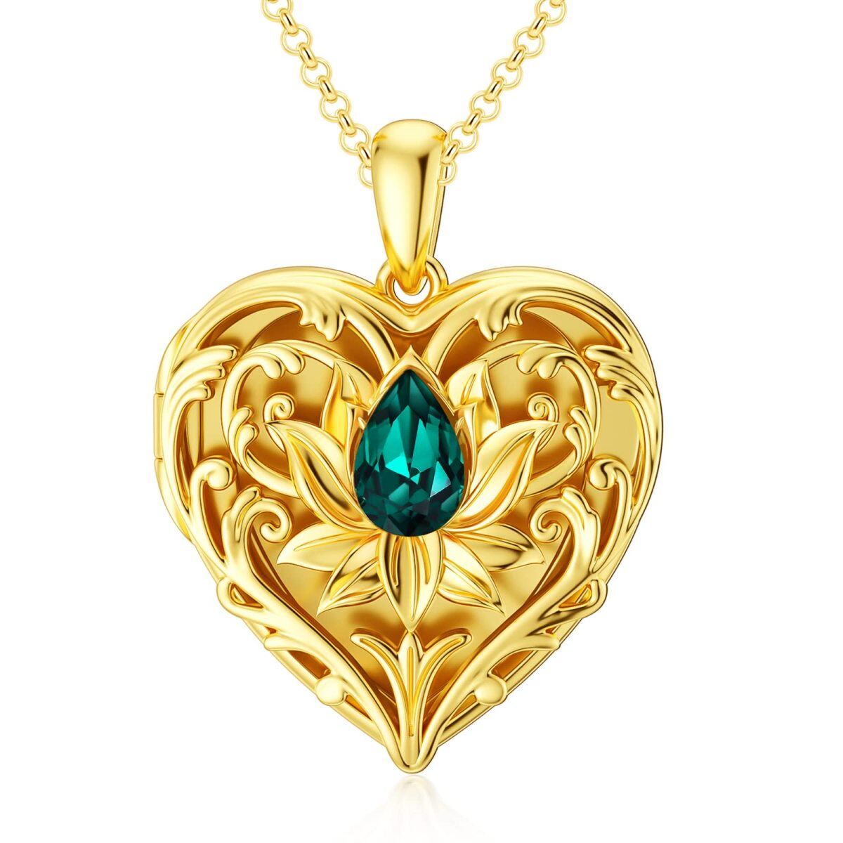 10K Gold Crystal Lotus Heart Necklace For Women-1