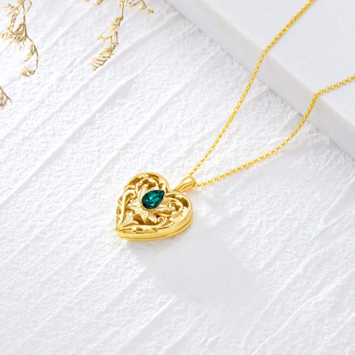 10K Gold Crystal Lotus Heart Necklace For Women-3