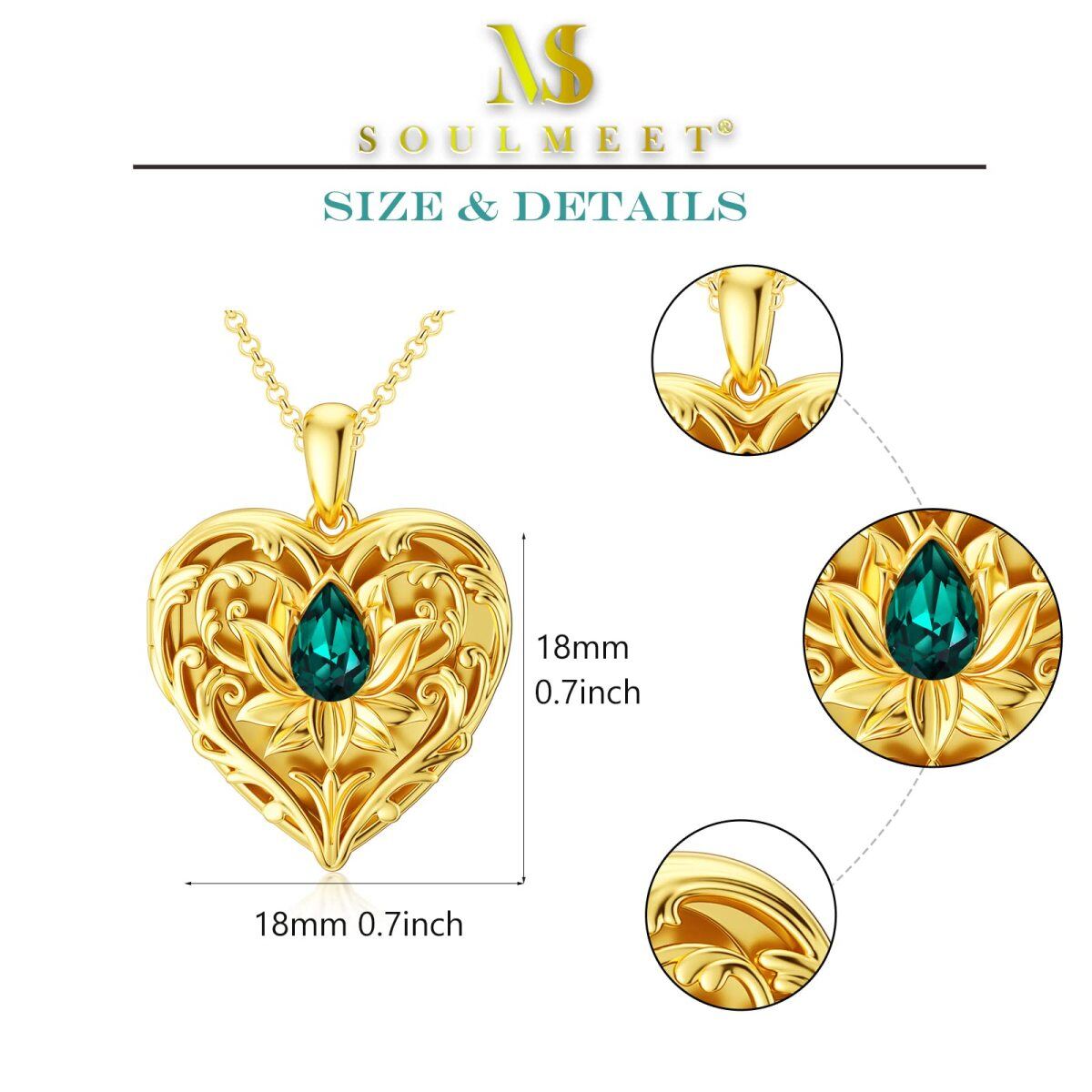 10K Gold Crystal Lotus Heart Personalised Photo Locket Necklace For Women-6