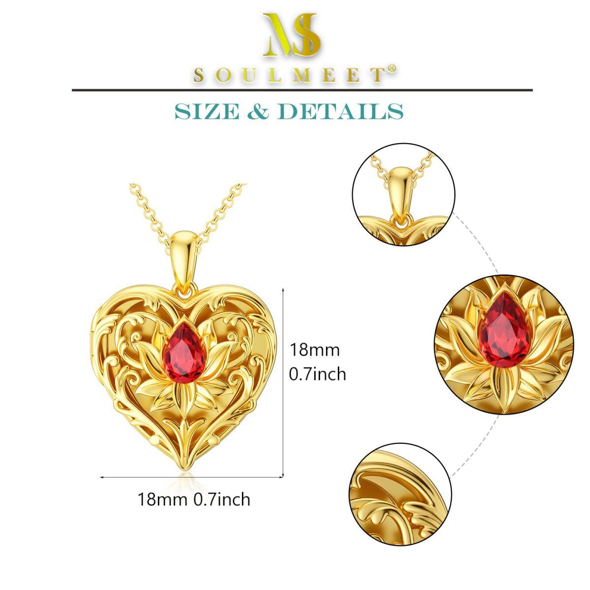 10K Gold Crystal Lotus Heart Personalised Photo Locket Engraving Necklace For Women-6