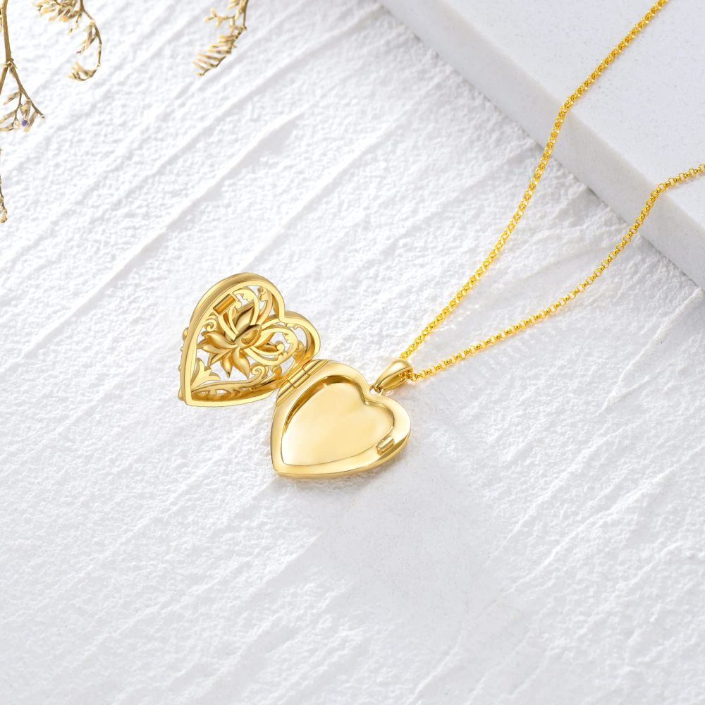 10K Gold Crystal Lotus Heart Necklace For Women-4