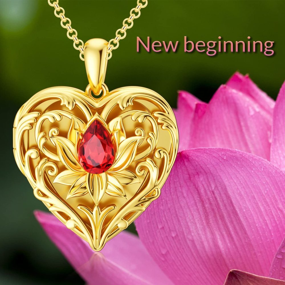 10K Gold Crystal Lotus Heart Necklace For Women-5
