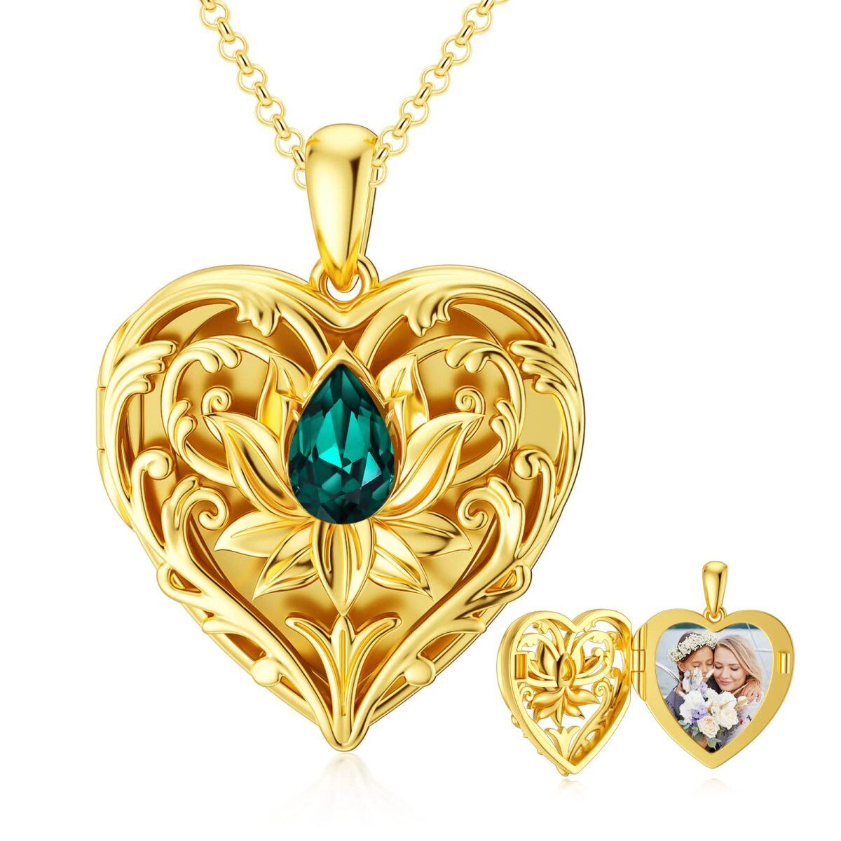 10K Gold Crystal Lotus Heart Personalised Photo Locket Necklace For Women-1