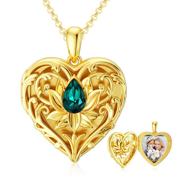 10K Gold Crystal Lotus & Personalized Photo & Heart Personalized Photo Locket Necklace-1