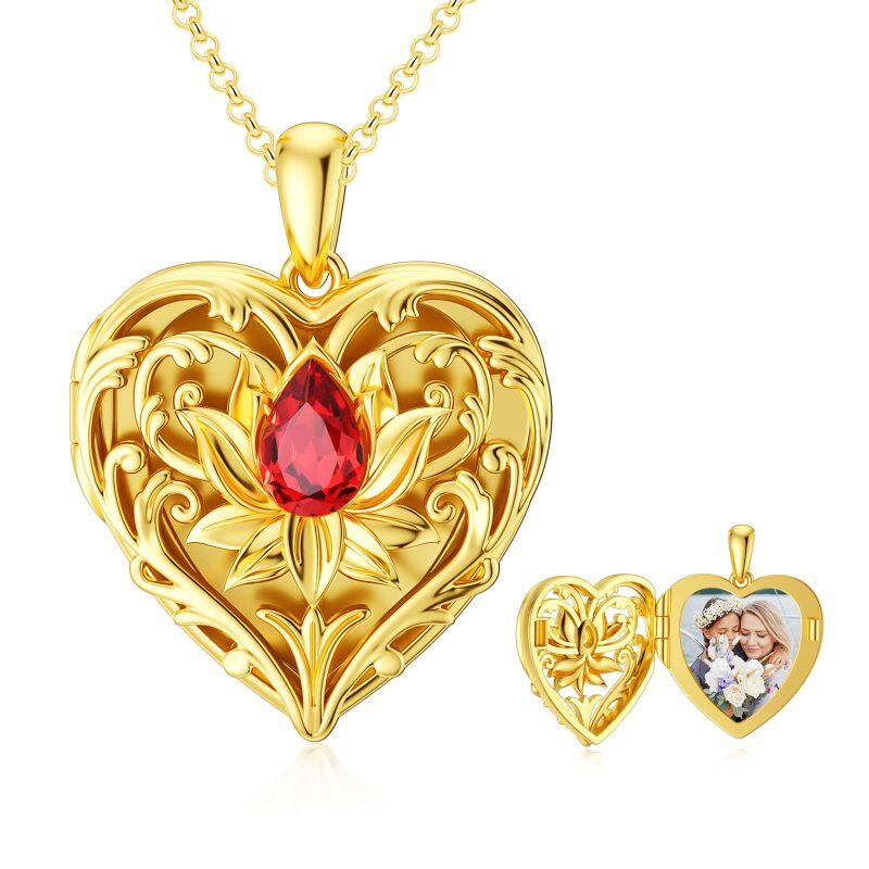 10K Gold Crystal Lotus Heart Personalised Photo Locket Necklace For Women-1