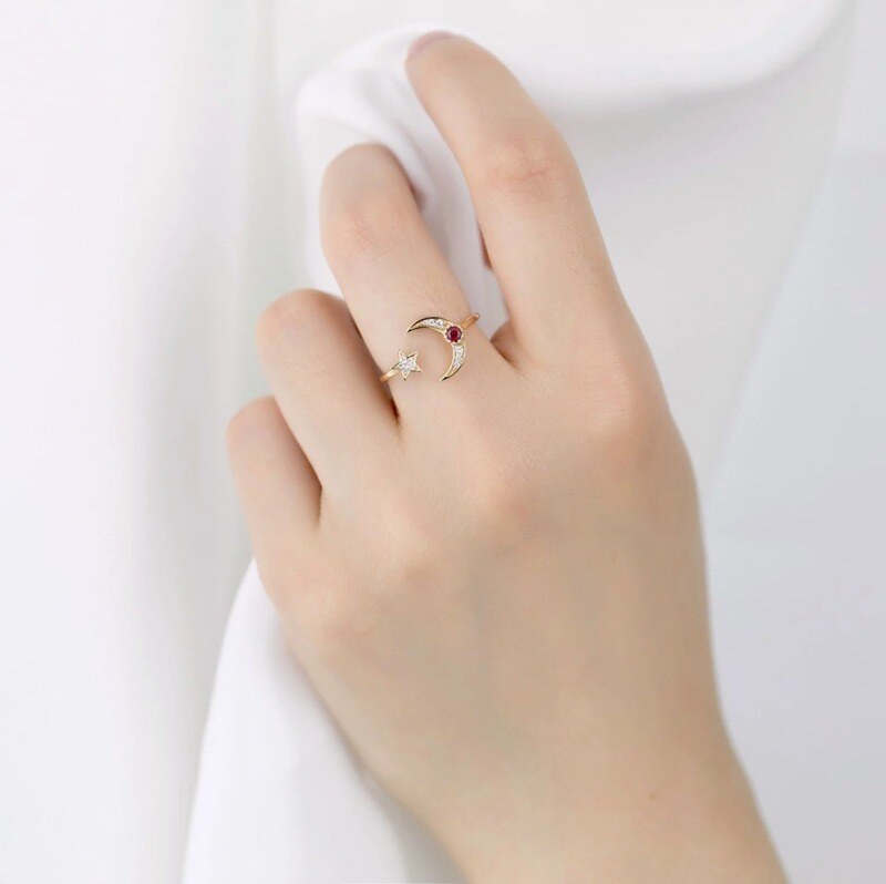 Bague en or blanc 10 carats avec cristal, lune et étoile-2