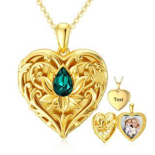 Sterling Silver With Yellow Gold Plated Crystal Engraving Lotus Heart Personalised Photo Locket Necklace For Women-16