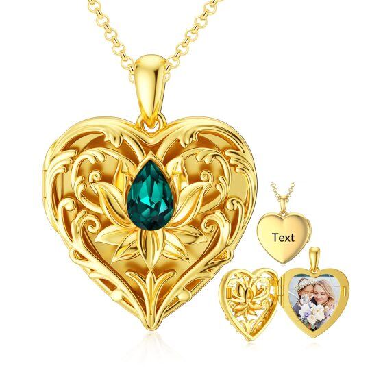 Collana in argento sterling con cristalli placcati oro giallo e incisione personalizzata Lotus e foto personalizzata e medaglione con cuore personalizzato