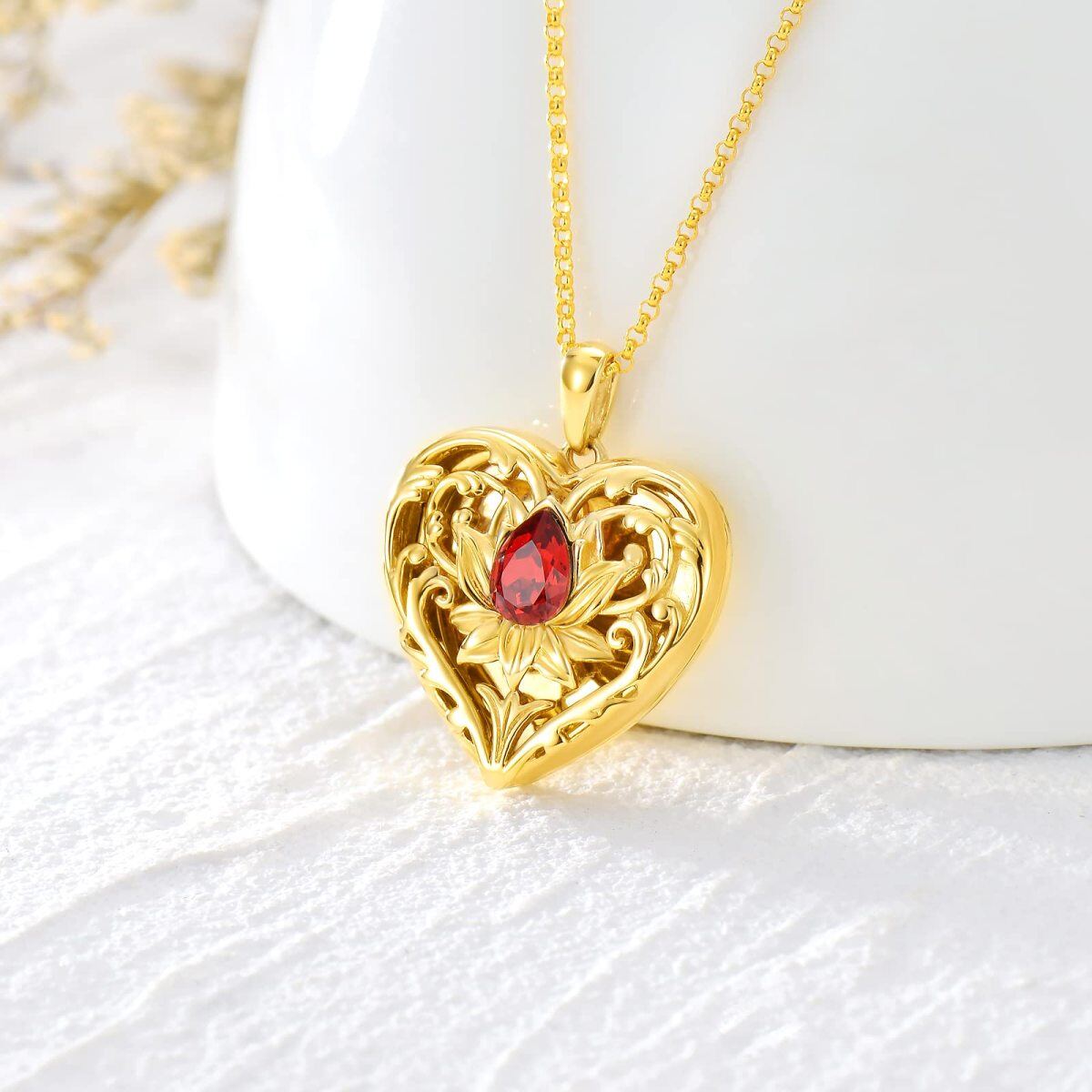 10K Gold Crystal Lotus Heart Personalised Photo Locket Engraving Necklace For Women-3