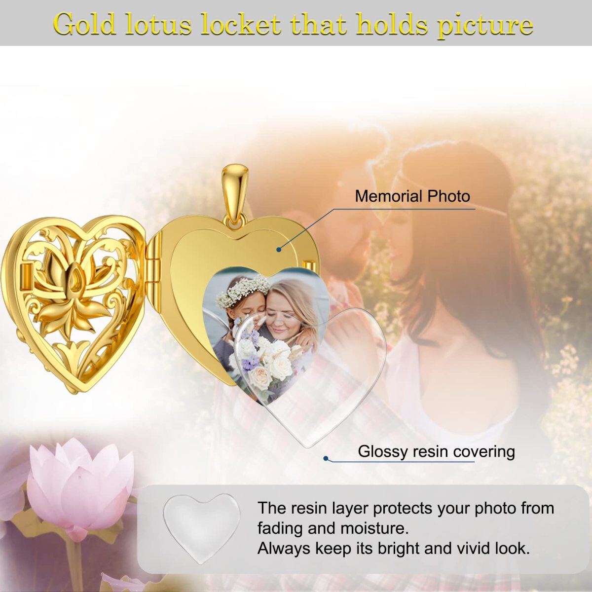 10K Gold Crystal Lotus Heart Personalised Photo Locket Engraving Necklace For Women-5