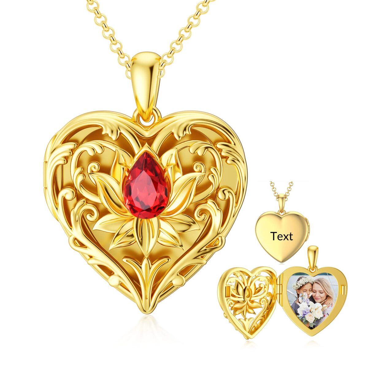 10K Gold Crystal Lotus Heart Personalised Photo Locket Engraving Necklace For Women-1