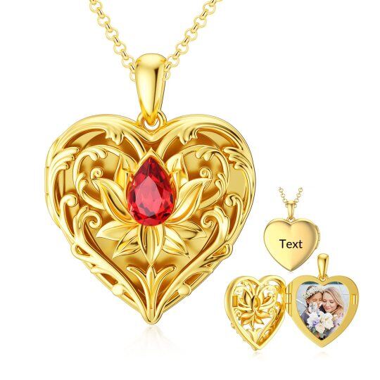 Colar com medalhão fotográfico personalizado em forma de coração de lótus e cristal de ouro 10K para mulher
