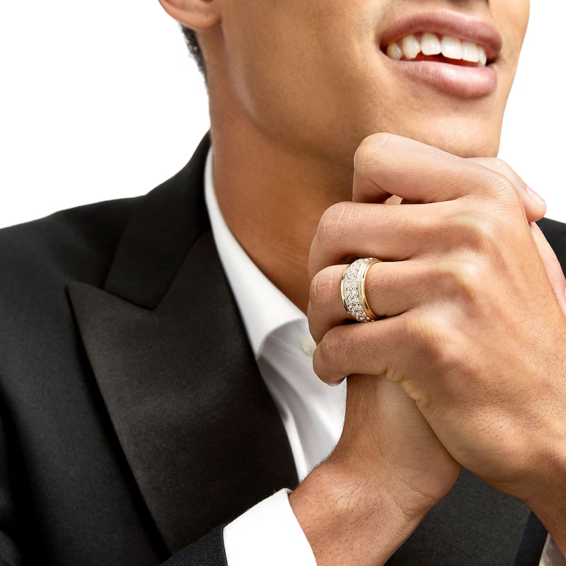 10 Karat Weißgold, 2 Karat, rund, künstlicher Diamant, zweireihig, Vintage-Stil, Ehering für Männer, D-VVS1-2