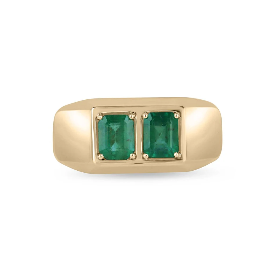 10K Gold 2 CT.T.W. Emerald Cut Double Emerald Duo Chunky Unisex Bezel Ring for Men-1