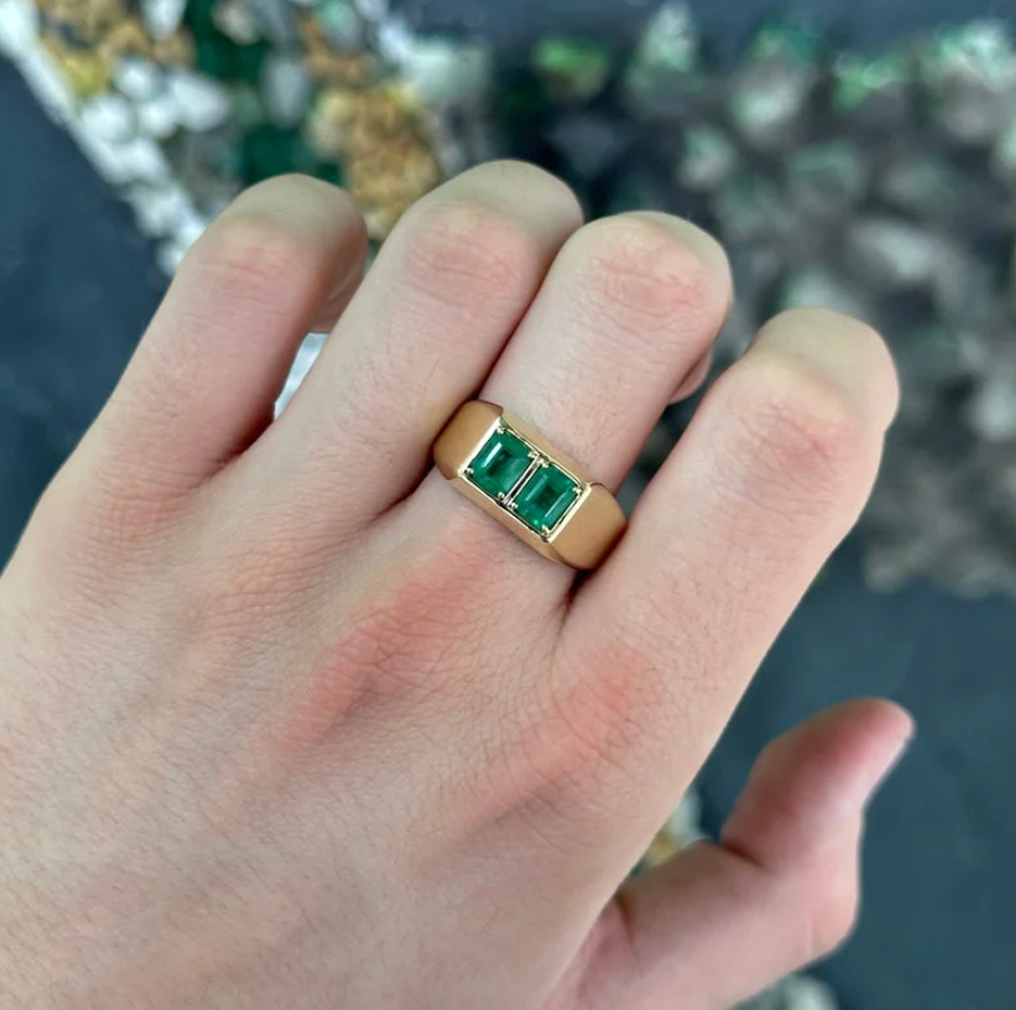 10K Gold 2 CT.T.W. Emerald Cut Double Emerald Duo Chunky Unisex Bezel Ring for Men-2