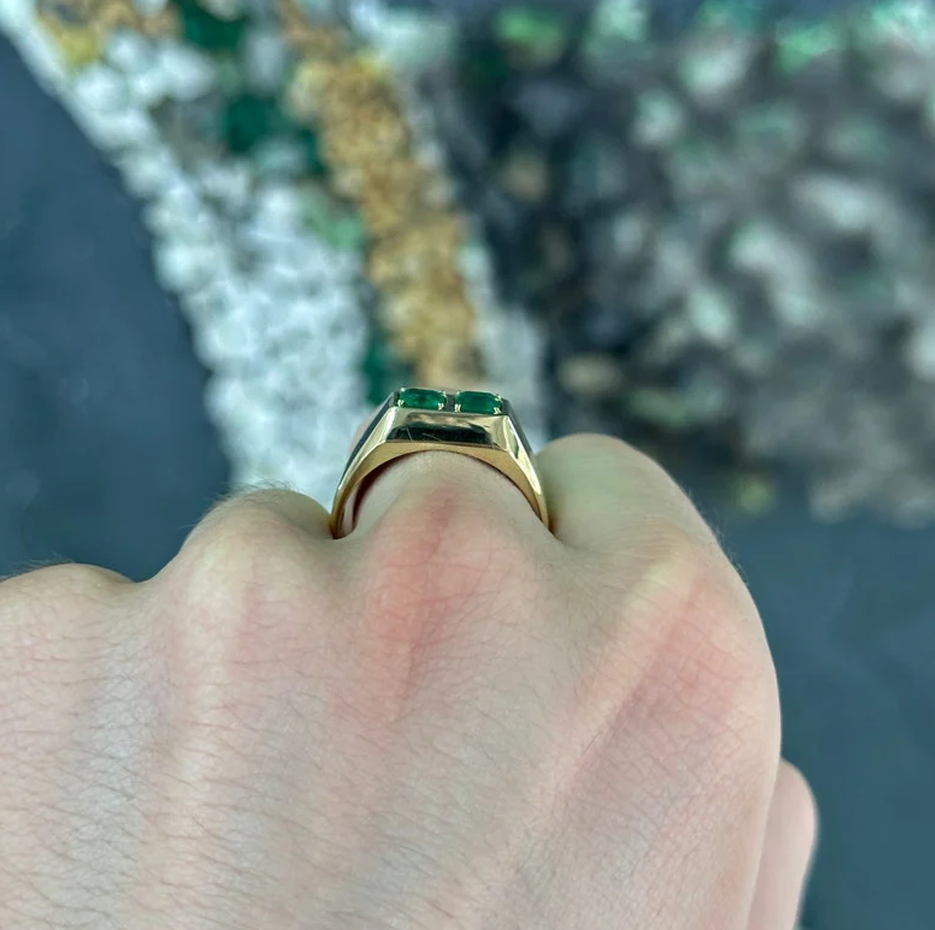 10K Gold 2 CT.T.W. Emerald Cut Double Emerald Duo Chunky Unisex Bezel Ring for Men-3