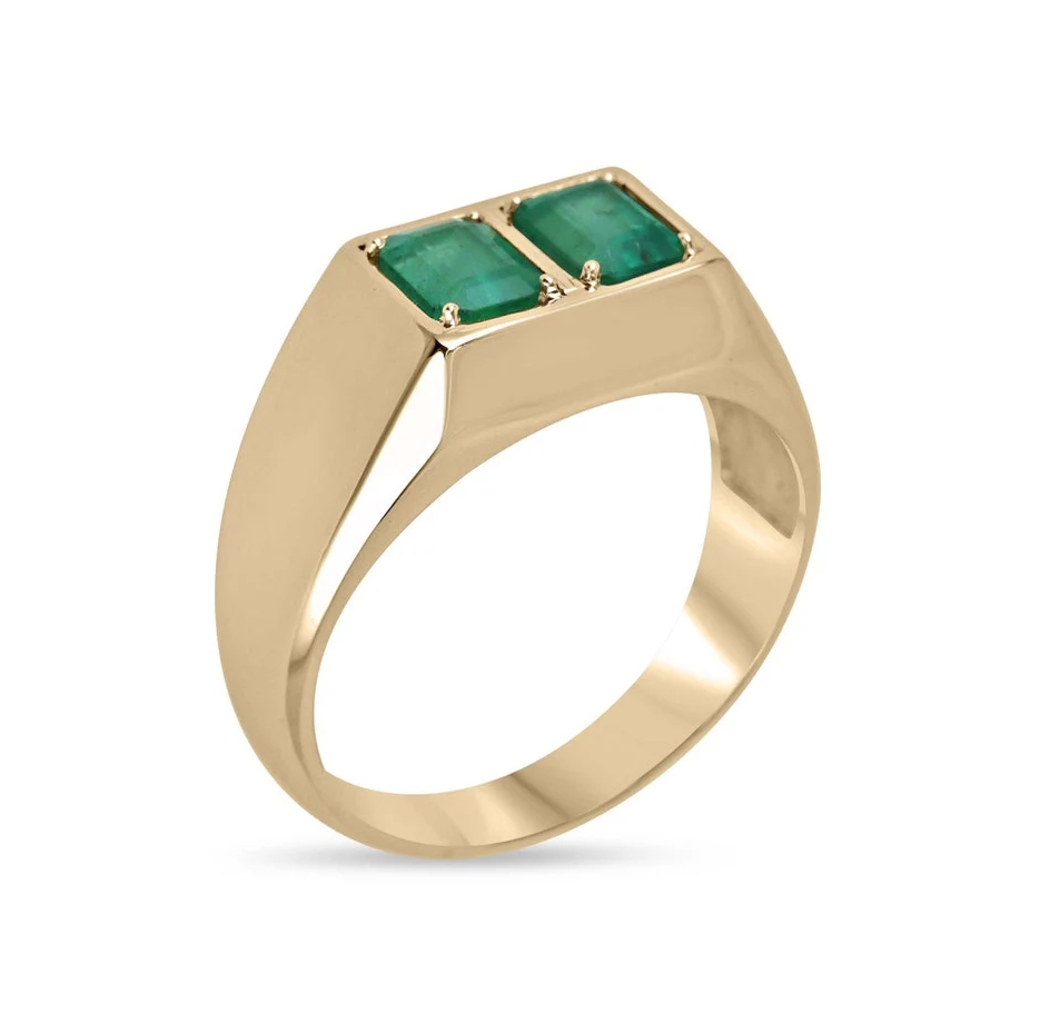 10K Gold 2 CT.T.W. Emerald Cut Double Emerald Duo Chunky Unisex Bezel Ring for Men-4