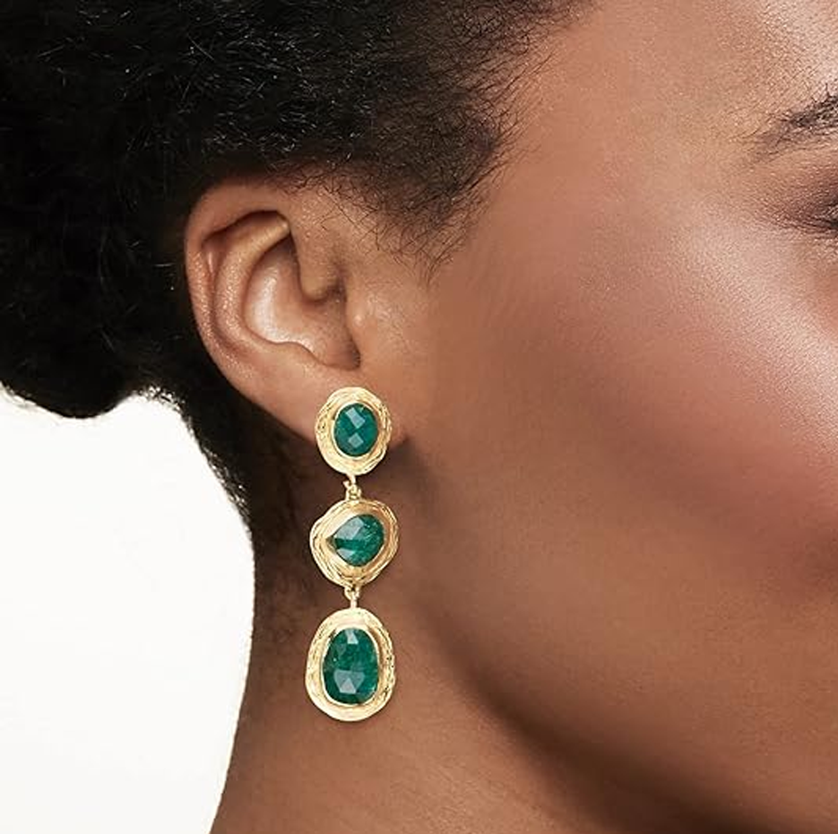10K Gold 18 CT.T.W. Emerald Station Drop Earrings-2