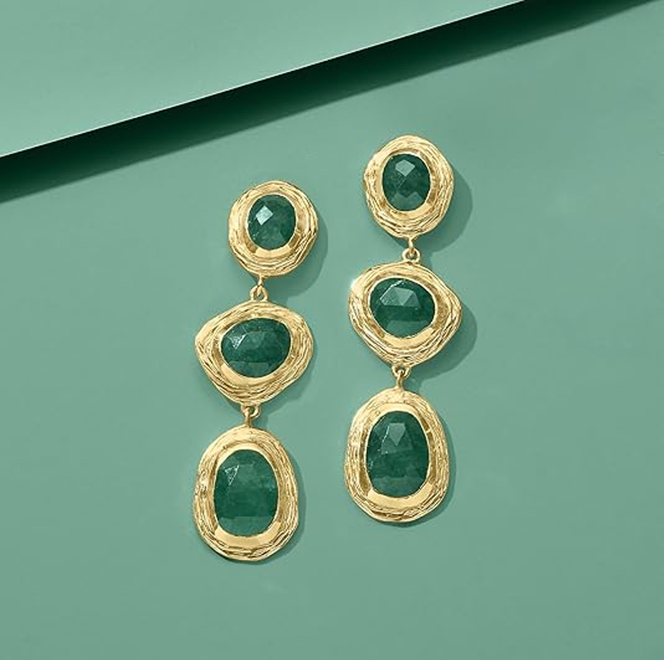 10K Gold 18 CT.T.W. Emerald Station Drop Earrings-3