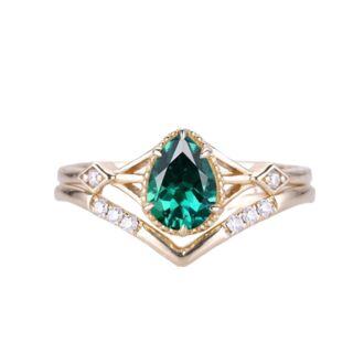 10K Gold 1 ct Pear Shaped Emerald Stone Personalized Engraving & Couple Engagement Ring-52