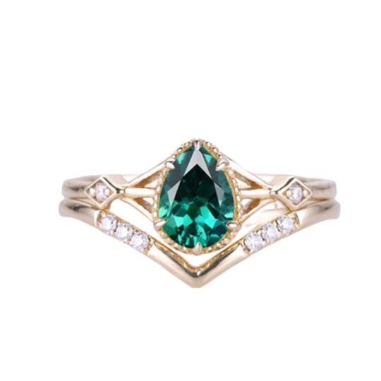 10K Gold 1 ct Pear Shaped Emerald Stone Personalized Engraving & Couple Engagement Ring-4