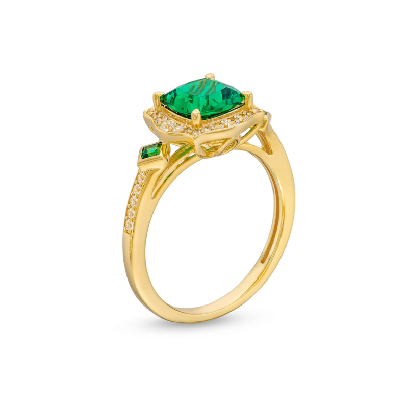 10K Rose Gold Cushion Cut Emerald & 0.15 CT. T.W. Asscher Cut Diamond Floral Frame Engagement Band-3