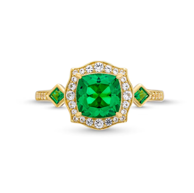 10K Rose Gold Cushion Cut Emerald & 0.15 CT. T.W. Asscher Cut Diamond Floral Frame Engagement Band-4