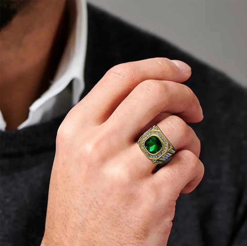 10K White Gold Cushion Cut Emerald & Diamond Wedding Band for Men-2