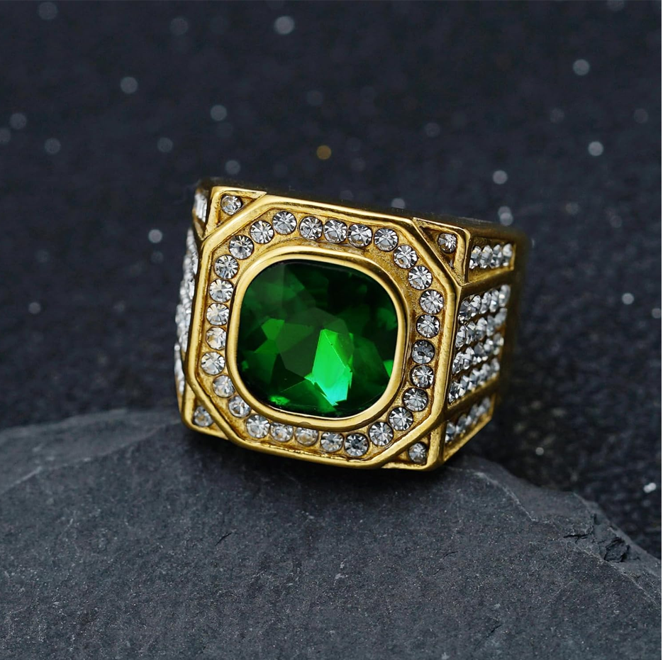 10K White Gold Cushion Cut Emerald & Diamond Wedding Band for Men-3