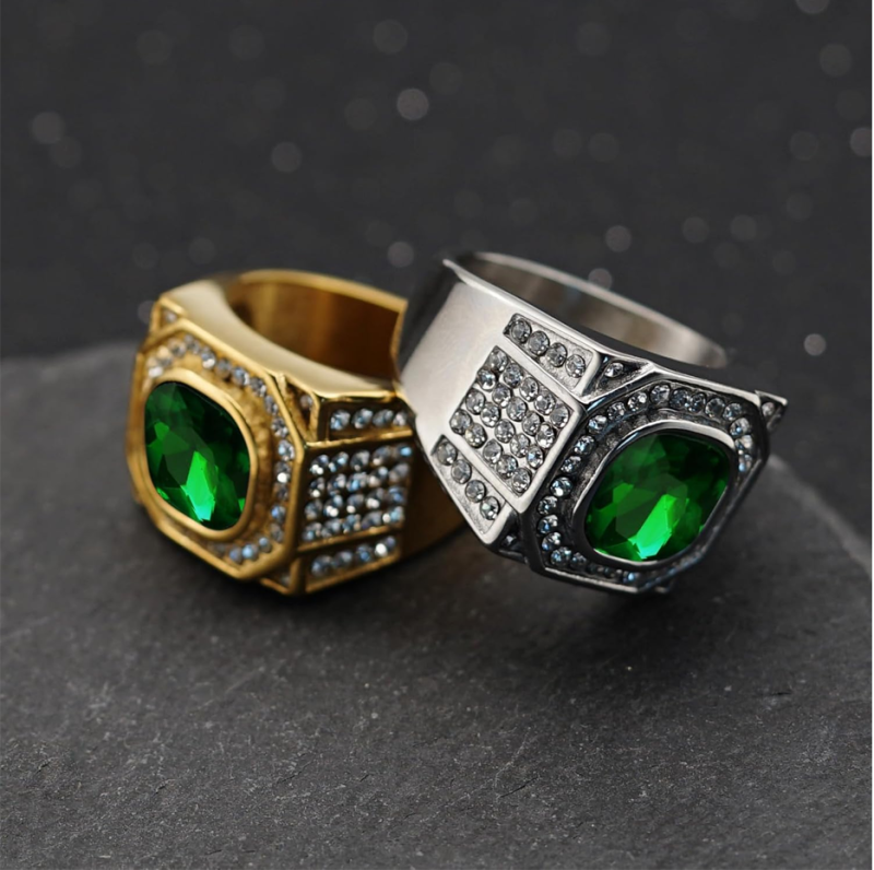 10K White Gold Cushion Cut Emerald & Diamond Wedding Band for Men-4