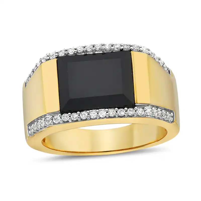 10K Gold Cushion Shaped Onyx and 1/3 CT Diamond Edge Signet Custom Band for Men-1