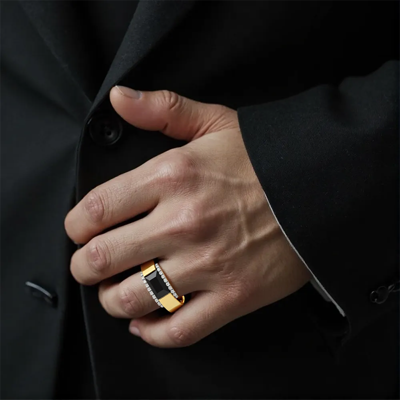 Siegelring aus 10 Karat Gold mit kissenförmigem Onyx und 1/3 Karat Diamantrand, individueller Ring für Männer-2