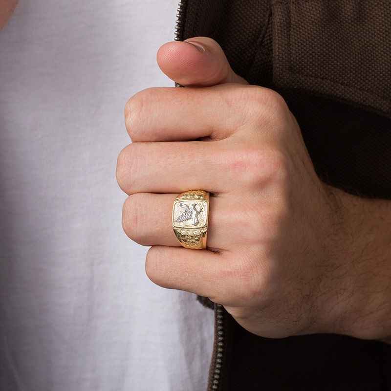 Anillo de sello rectangular de águila con grabado personalizado en oro blanco de 10 quilates para hombre-2