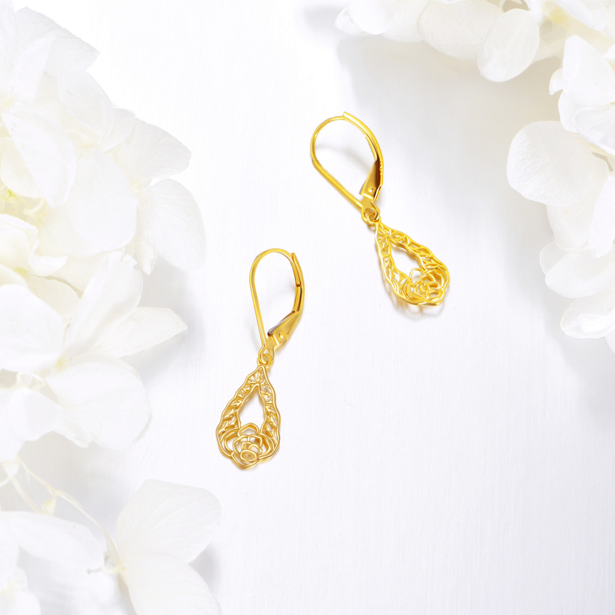 Pendientes colgantes de narciso en oro de 10 quilates-3