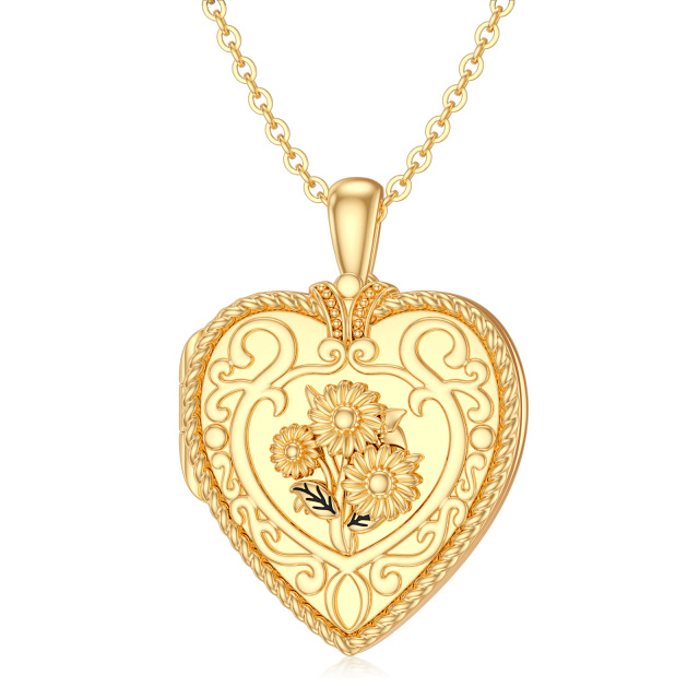 Collana con medaglione fotografico personalizzato con margherita e cuore in oro 10K-1