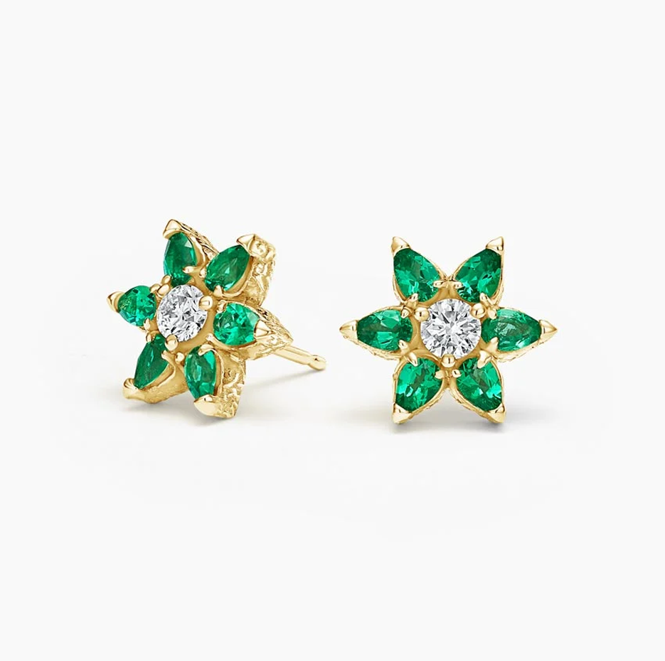 Aretes tipo botón Flora de oro de 10 quilates con diamantes y esmeralda-1