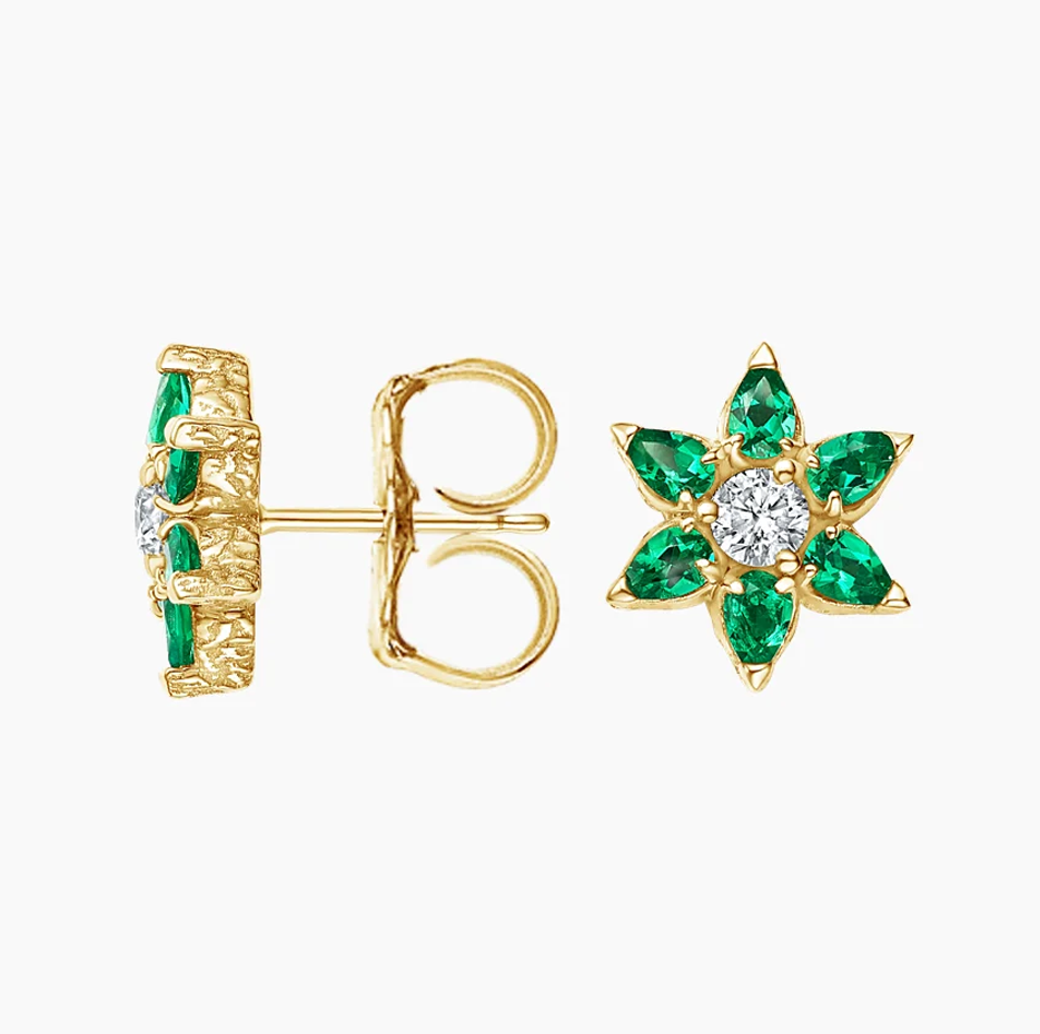 Aretes tipo botón Flora de oro de 10 quilates con diamantes y esmeralda-4